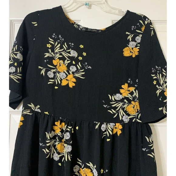 ZARA Floral Lace Up Back Midi Dress ShortSleeves Medium Black Yellow - Picture 4 of 10